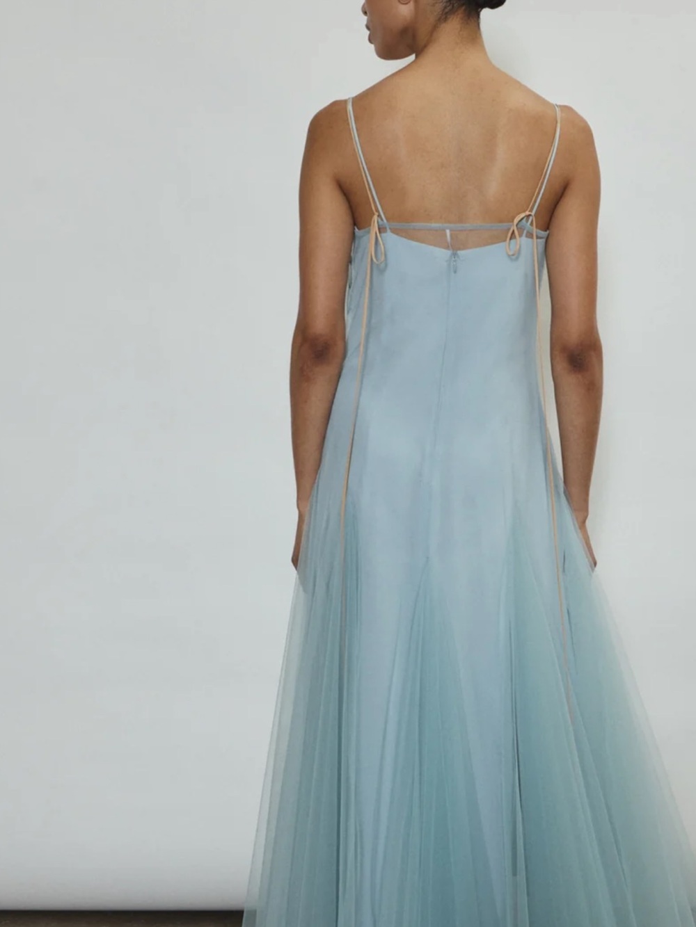 Light Blue Tulle Maxi Slip Dress with Delicate Straps